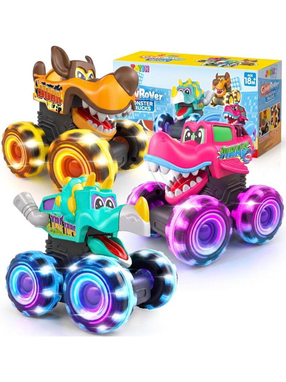 Funky 3 Pack Monster Truck Toys Light Up Cars Motion Activated LED Wheels Kids